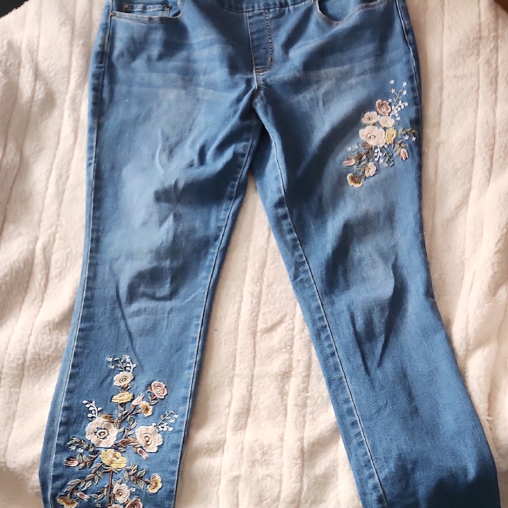 Coldwater Creek Blue Jeans with Floral Embroidery
